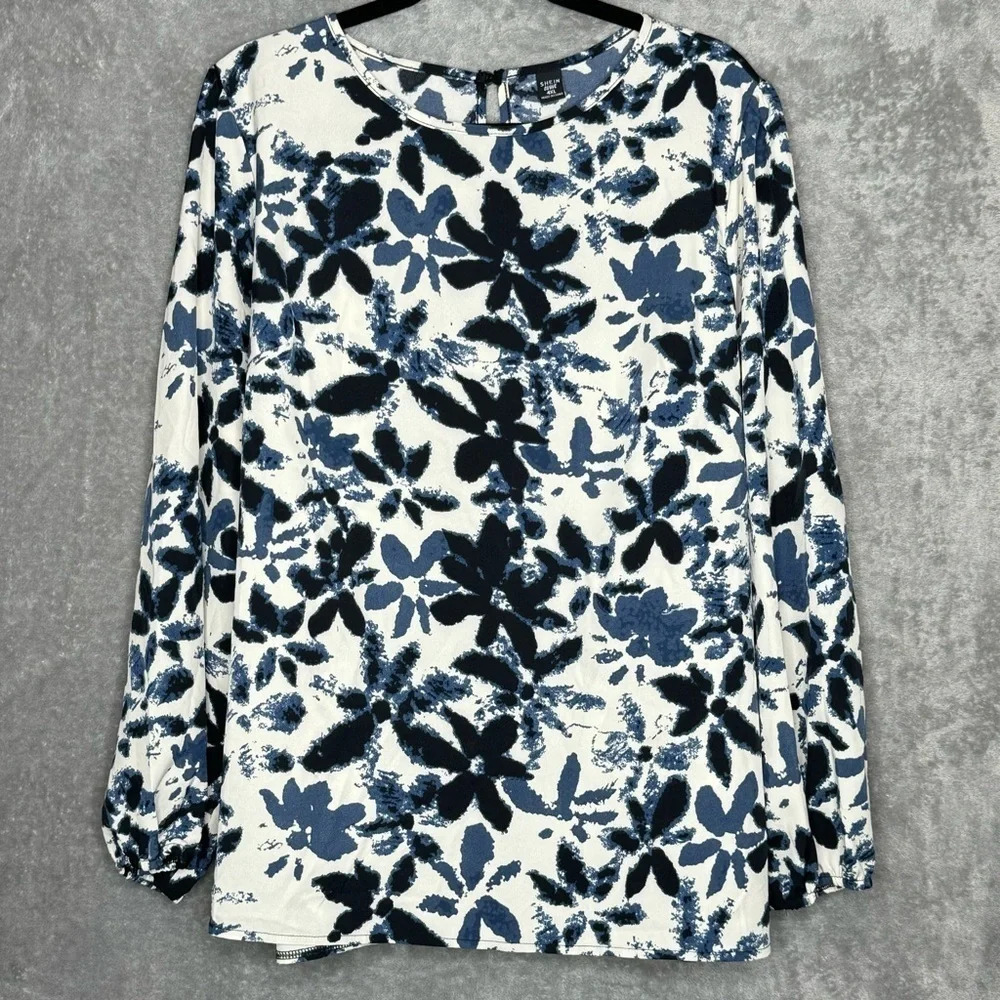 Shein 4X Shirt Top Navy Blue Floral Long Sleeve Round Neck Stretch Casual Womens
